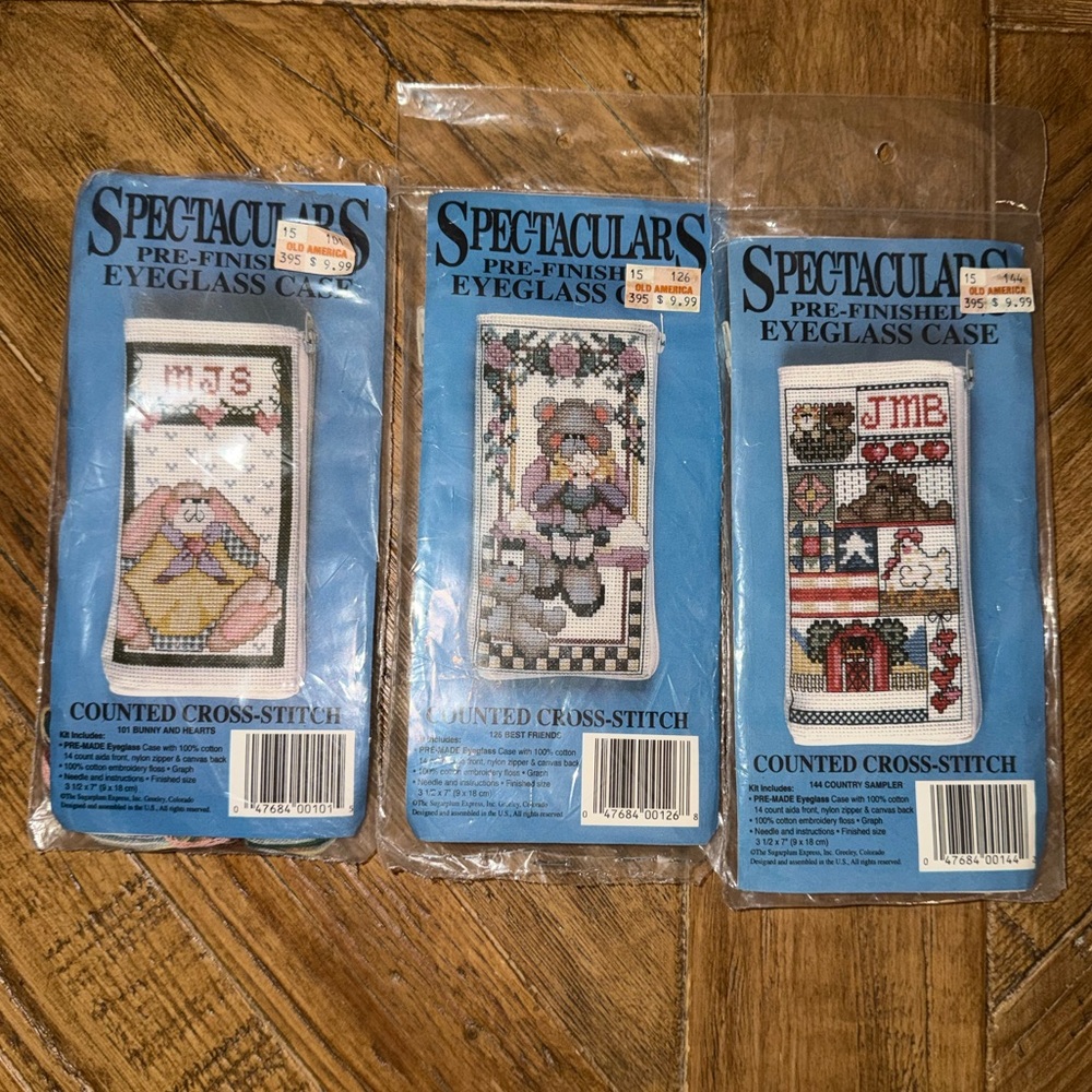 Set of 3 Spectaculars eyeglass case cross stitch kits - all new/unused (1 open)